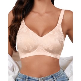 SHARICCA Seamless Bra Women's Without Underwire Deep V-Neck Push Up Bra Bralette Soft Comfortable Bra Non-Wired Bustier, beige, L
