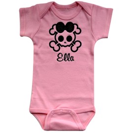 Baby Girl Embroidered GLITTER SKULL Bodysuit and MATCHING Bow HEADBAND - Your Custom Name (3-6 MONTHS, PINK & BLACK)
