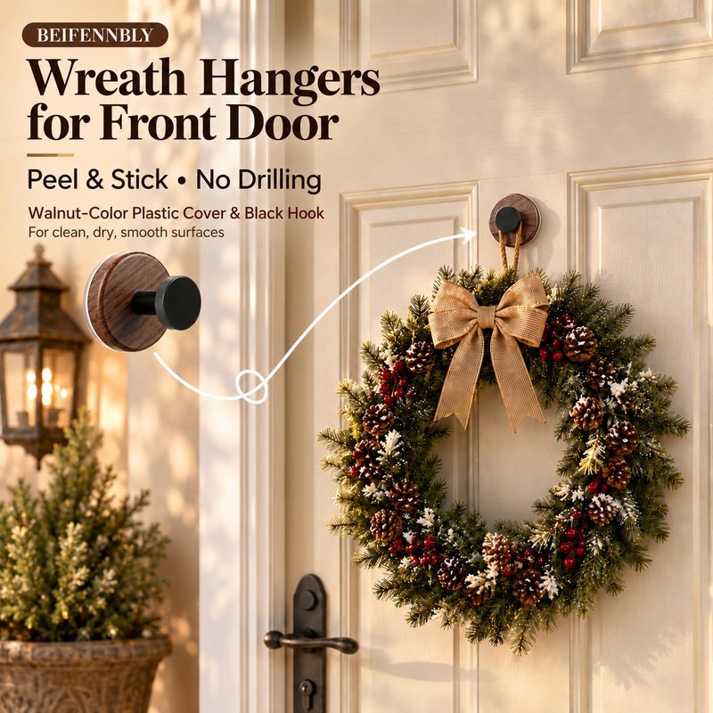 Wreath Hangers for Front Door, 3-Pack Walnut Adhesive Hooks