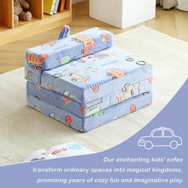 Tiita Trifold Floor Mattress with Pillow for Kids, Baby Kids Futon with Removable Cover, Portable Foam Toddler Nap Mat with Storage Bag for Girls and Boys,Vehicles