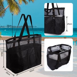 ECOSEAO Women's Beach Bag, Large Beach Bag with Multiple Pockets, Mesh Beach Bag with Zipper on the Bottom Beach Bag Large XXL Family for Shopping, Travel, Camping