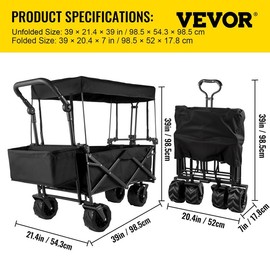 VEVOR Extra Large Collapsible Garden Cart with Removable Canopy, Folding Wagon Utility Carts with Wheels and Rear Storage, Wagon Cart for Garden, Camping, Grocery Cart, Shopping Cart, Blue - Color:: Black