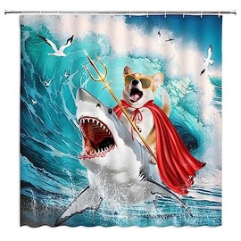 Funny Dog Corgi Riding Shark Shower Curtain Ocean Sea Waves Seagull Animal Surfing for Boy Girls Men Summer Hilarious Creative Ocean Animal Bathroom Decor Fabric Curtains with Hooks