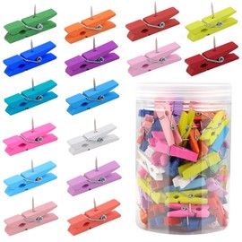 110Pcs Colorful Push Pin with Wooden Clips, Durable Wooden Push Pins, Decorative Pushpins Tacks Thumbtacks, Tacks for Cork Board Artworks Notes Photos, Offices and Homes | Utron