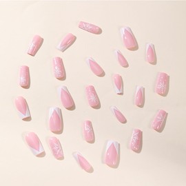 Christmas Press on Nails Medium French Tip Fake Nails Pink Glossy Glue on Nails with Snowflakes Designs Xmas Acrylic Nails Full Cover White Nail Tips False Nails for Women Winter Nail Decoration 24Pcs