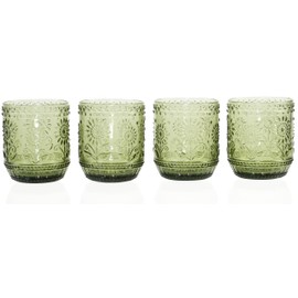 Vintage Botanist Drinking Glass Set, Luxurious Floral Embossed Decorative Green Glassware, Set of 4, 4-inch, 12 oz