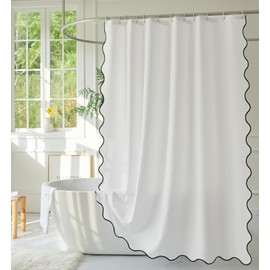 youngseahome White Fabric with Black Scalloped Border Shower Curtain,Boho Chic Cloth Shower Curtain for Bathroom Showers,72 x 72 Inches