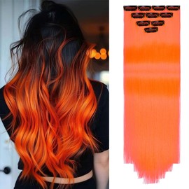 Yamel Colored Hair Extensions 10 Pieces 20 inch Orange Clip in Hair Extensions for Women Synthetic Straight Hairpieces for Christmas Costume Party