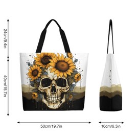 Muishi Sunflower Skull Canvas Tote Bag Large Women Casual Shoulder Bag Handbag Reusable Beach Shopping Grocery Bag For Outdoors