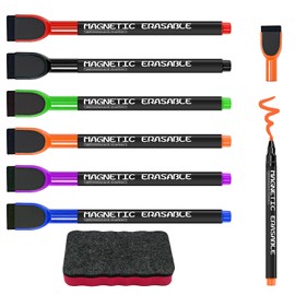 Momowin Whiteboard Marker, 6 Magnetic Dry Erasable Whiteboard Pens + 1 Magnetic Large Eraser, Suitable for Home, School or Office Use