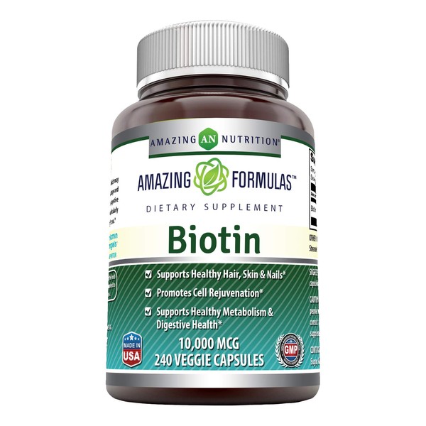 Amazing Formulas Biotin 10000mcg 240 Veggie Capsules Supplement | Non GMO | Gluten Free | Made in USA | Suitable for Vegetarians