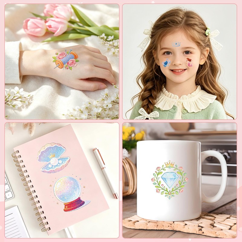 CHARLENT Pack of 108 Glitter Princess Temporary Tattoos for Girls