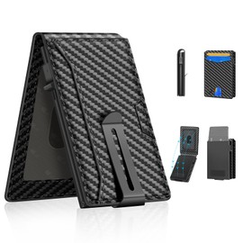 SMART CC Wallet for Men with Money Clip, Mens Minimalist Wallet 5-8 Cards, Slim Compact Wallet with Money Clip & ID Window, Pop Up Card Wallet, Metal Aluminum Credit Card Holder Bifold Wallet (Carbon)