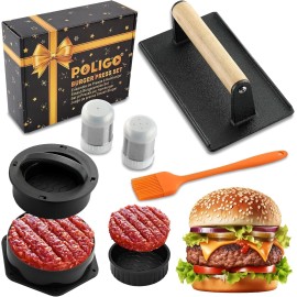 POLIGO 5‑PC Smash Burger Press Kit – Cast Iron Griddle Tools with Chopper, Gift For Dad