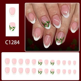 Christmas Press on Nails Medium Almond Nails Press ons with Holly Fruit Design White French Tip Acrylic Nails Glossy Full Cover Pink Glue on Nails Winter Xmas Holiday Fake Nails for Women 24Pcs