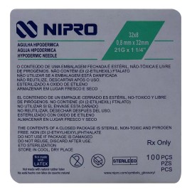 Nipro Aguja Hipodermica (nipro) 21gx1-1/4 (32mm) C/100 Pzs Verde