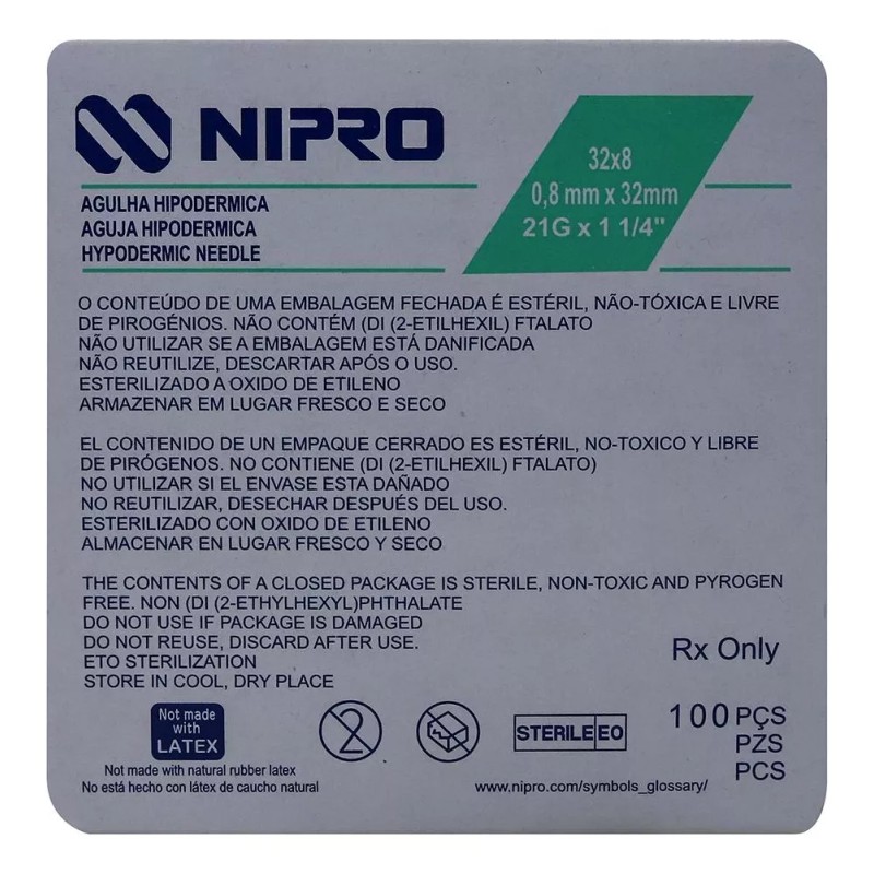 Nipro Aguja Hipodermica (nipro) 21gx1-1/4 (32mm) C/100 Pzs Verde