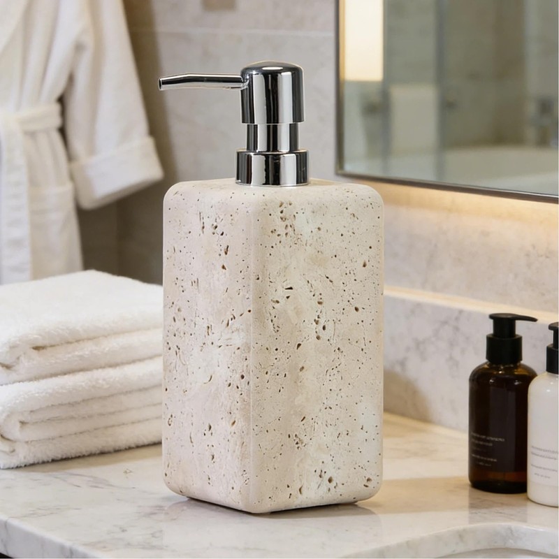 Ivory Travertine Soap Dispenser, Refillable Bathroom Liquid Dispenser with Stainless
