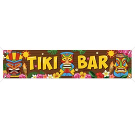 Luau Party Decoration Tiki Bar Banner Tiki Decoration Hawaii Party Tropical Banner Tiki Totem Tiki Bar Aloha Scene Setters for Hibiscus Decorations Carnival Wooden House Barn Backdrop, 15.7 x 72 Inch