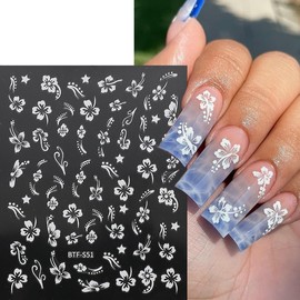 6 Sheets Flower Nail Stickers, 3D Self-Adhesive Hibiscus Nail Decals White Pink Gold Flowers Nail Art Stickers Summer Nail Design Decoration Nail Tips for Women and Girls DIY Acrylic Nails