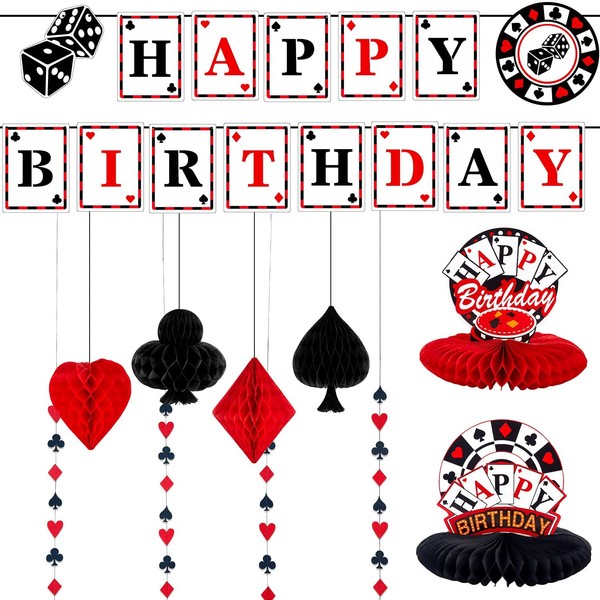 11 Pieces Casino Birthday Party Decorations Set, Includes Poker Happy Birthday Banner, 6 Casino Honeycomb, 4 Poker Card Hanging Swirls for Casino Poker Theme Birthday Party Supplies