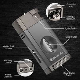 FANKAI Torch Lighter with Cigar V Cutter, Double Jet Flame Refillable Butane 2 in 1 Windproof Lighters for Smoking with Gift Box (Butane Not Included)