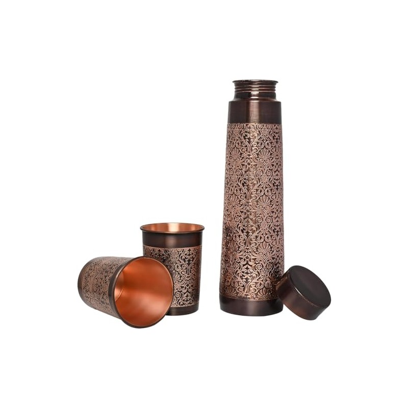 ANCIENTIMPEX Copper Water Bottle with 2 Tumblers Set, Floral Pattern