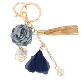 SUIKIHUM Flower Keychains, (16.5cm/6.5" Mini KeyChain) Flowers Tassel Leaf Pendant Car Key Ring for Women Girls Wallet Handbags Backpack, Blue