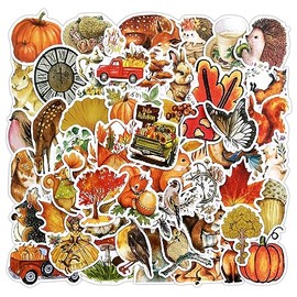 50Pcs Thanksgiving Fall Sticker Pack, Autumn Forest Pumpkin Maple Leaf Stickers for Water Bottle Bike Laptop Luggage Guitar, Thanksgiving Harvest Decal for Adult Teen Kid Fall Party Decoration