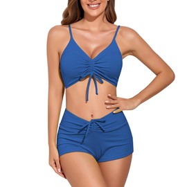 meioro Solid Swimsuit for Women Tie Front Shorts Bikini Two Piece Swimwear Athletic Bathing Suits High Waist Swimming Suit(Dark Blue,XL)