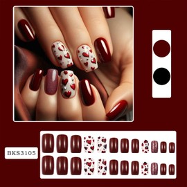 Red Love Heart Press on Nails Medium Square Acrylic Fake Nails Romantic Artificial Glue on Nails Glossy Full Cover Stick on Nails for Women