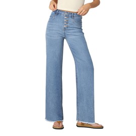 Sidefeel Women's Wide Leg Jeans High Waisted Stretchy Straight Leg Jeans Trendy Button Fly Raw Hem Denim Pants Iceland Blue Size 18