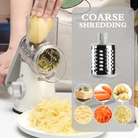 Ancevsk Rotary Cheese Grater, Manual Round Mandoline Vegetable Slicer with 3 Interchangeable Blades, Safe Food Shredder Nut Grinder for Potato, Carrot, Garlic, Walnut (White)