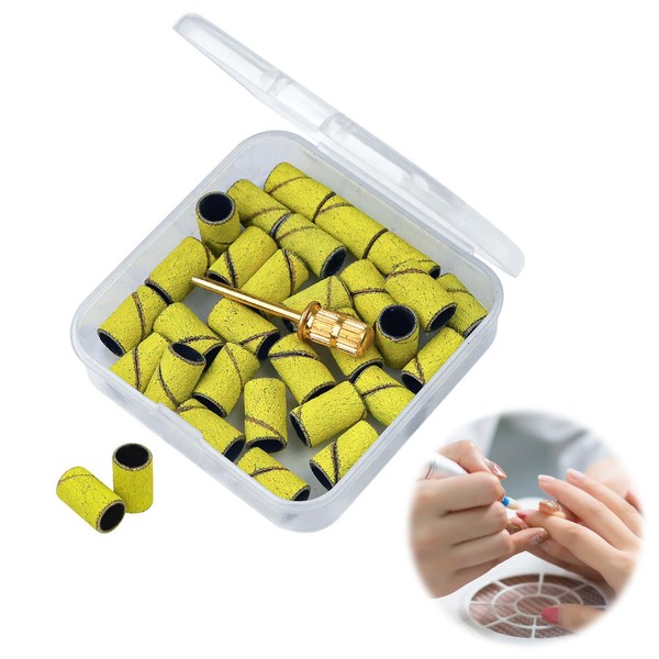 Sanding Band Nail 30 pcs Sanding Band Set with Nail Drill Bit Mandrel Bit Sanding Band Mini Router Sanding Band for Illure Manicure and Pedicure (Yellow)