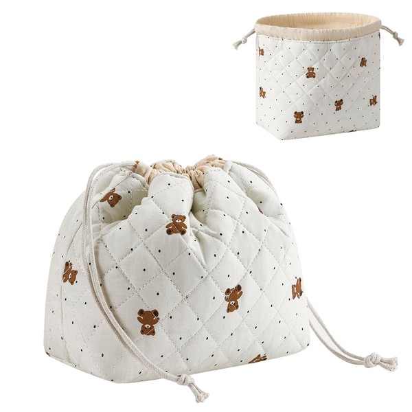 RSRSLEII Small Cotton Quilted Drawstring Makeup Bag, Cute Coquette Cosmetic