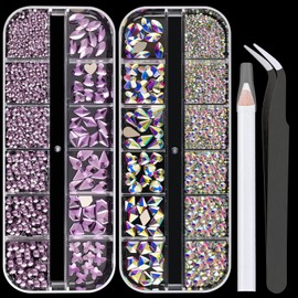 Flat Back Multi-shaped and Round Glass Nail Art Rhinestones Set 10, Crystal AB and Violet Gem Bead Jewels Kits with Picker Pencil and Tweezer for Professional and Home DIY Use