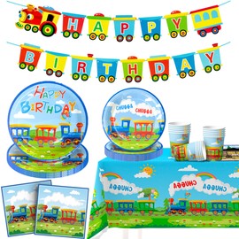 Train Birthday Party Supplies,16 guests Train Party Decorations Tableware Set - Train Plates and Cups Napkins & Train Birthday Banner Tablecloth etc Train Themed Tableware for Boys/Girls Kids