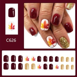 Short Square Fall Fake Nails Maple Leaf Press on Nails Glossy Red Gold False Nails with Fall Leaf Designs Short Autumn Nails Press ons Full Cover Artificial Glue on Nails Stick on Nails for Women