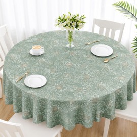 Sage Green Round Tablecloth, Abstract Floral Design, 70 in