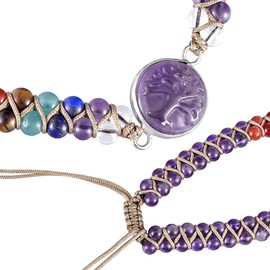 Nupuyai 7 Chakras Bead Stone Bracelet - 4mm Yoga Beaded Double Layer Healing Crystal Bracelet for Women Men Macrame Adjustable Bracelet, Amethyst
