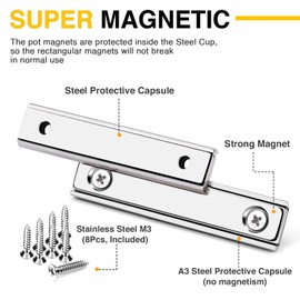 DIYMAG Strong Neodymium Rectangular Magnets 4Pack, 2.36" x 0.53" x 0.20" 80LBS Pulling Force Countersunk Hole Magnet with Mounting Screws Rare Earth Cabinet Magnetic Bar for Wall Mounting,Silver