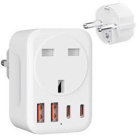 Dalimee UK to European Plug Adapter, 5 in 1 Travel Adapter UK to Europe with 1 AC Socket (Type G 3-pin), 2*USB-C and 2*USB-A, Type E/F Socket for Germany, Spain, France, Iceland, Greece, Turkey,etc.