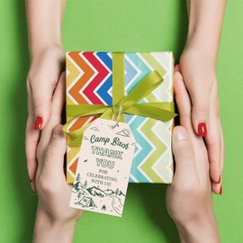 Serencatcher 50pcs Vintage Camping Thank You Tags with String, Rustic Thank You for Celebrating with Us Cardstock Gift Tags 1.9x3.5 Inches for Camp Bachelorette Weekend Favors Celebrations