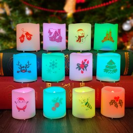 Set of 12 Color Changing LED Flameless Votive Candles with Santa Claus, Christmas Tree, Bell, Candy, Reindeer Decals Battery Operated Colored Votives for Party Decorations Home Décor, Batteries Incl.