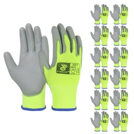 Garden Gloves-PU Coated 12 Pairs Bulk Pack,Hi-Vis Safety Work Glove, Seamless Knit Glove with thin Polyurethane Coated Smooth Grip on Palm & Fingers, Ideal for General Duty Work, Green M