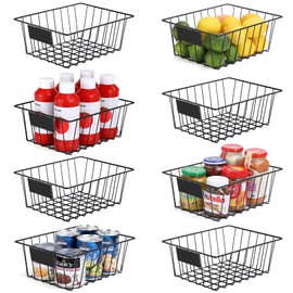 8 Pack Wire Storage Baskets for Organizing with Removable Tags, Pantry Organization Bins for Kitchen Cabinets, Closet - Metal Basket for Laundry, Garage, Refridge, Bathroom Countertop Organizer, Black
