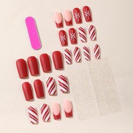 Christmas Press on Nails Long Coffin Fake Nails Full Cover Acrylic False Nails with Design Snowflake Glue on Nails Red Matte Artificial Winter Xmas Stick on Nails for Women Christmas Nails Art 24Pcs