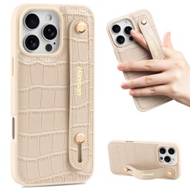 Hanman for iPhone16 Pro Max Leather Case with Adjustable Wristband Strap Kickstand,Hand Strap Leather Case for iPhone16 Pro Max,Crocodile Leather Wristband Kickstand Case for iPhone16 Pro Max-Beige