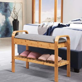 Julimoon Bamboo Shoe Rack Bench, Bench with Seat Cushion & Storage Shelf, Hallway Organizer Extra Drawer, Suitable for Entryway/Hallway/Bedroom/Living Room, Natural, Grey