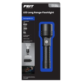 Feit Electric LED Long Range Flashlight, 600 Lumens, 3 Light Modes, 1/4 Mile Zoom, Rechargeable, Waterproof, and Weather-Resistant for Outdoor Adventures and Emergency Kits, FLR600/LT/FLEX